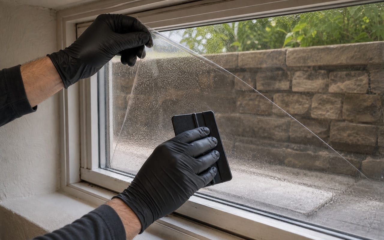 Interior view of security film applied to basement window, shattered glass held intact by film adhesive layer