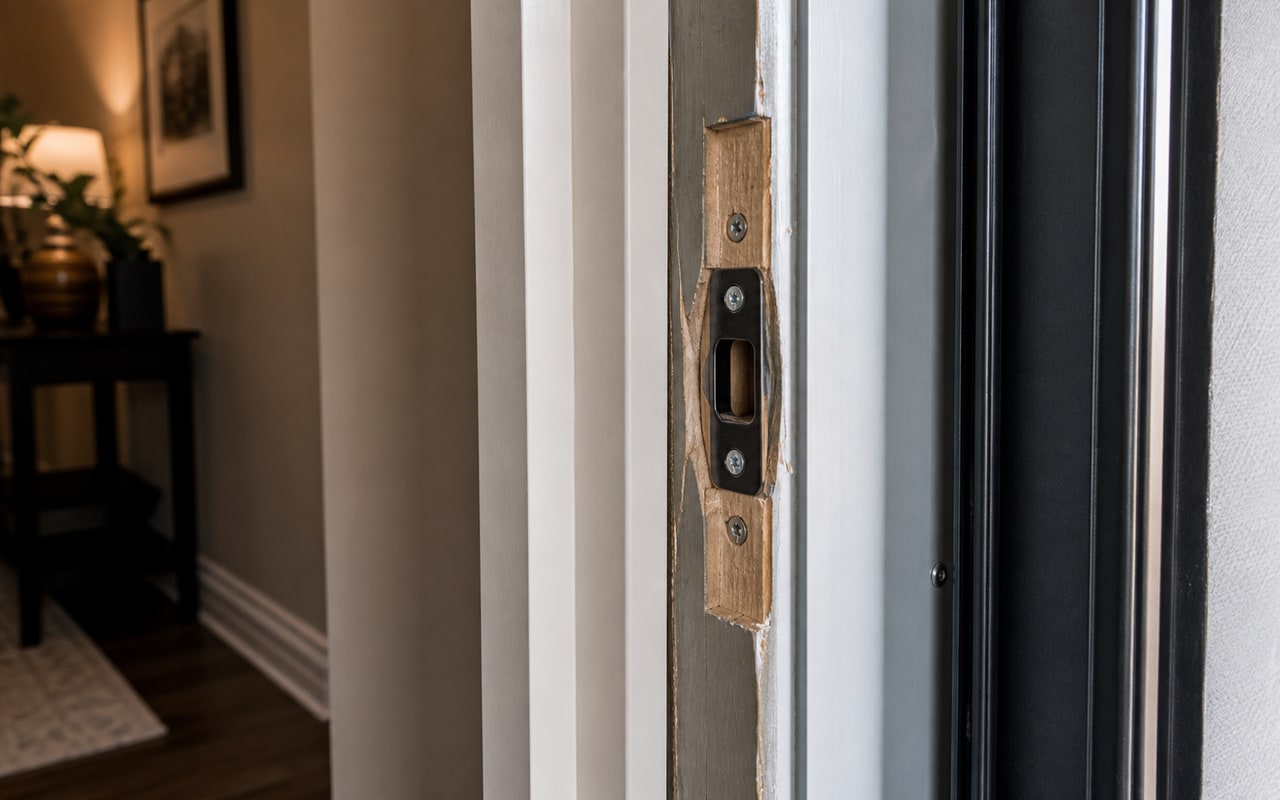 Interior view of front door jamb showing fastener attachment points and vulnerable frame area