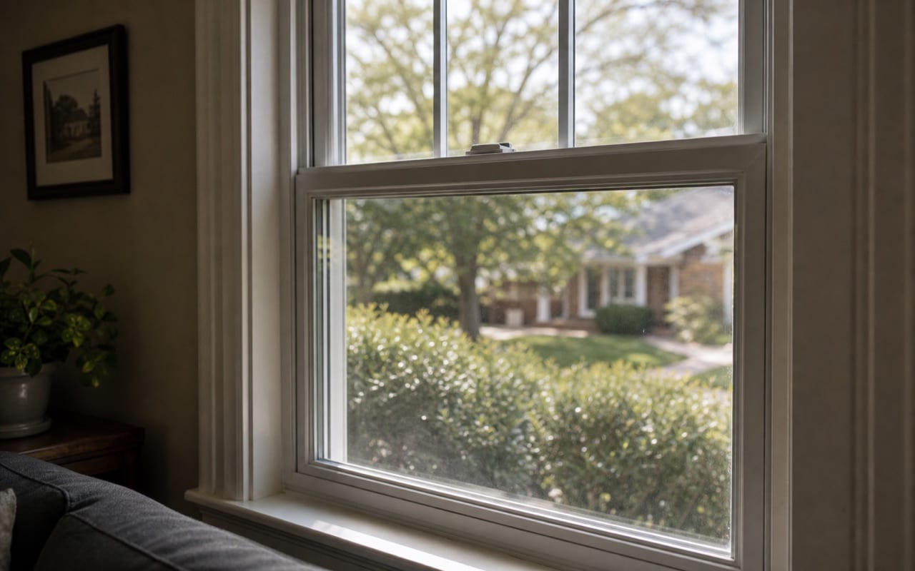Close-up of a residential window corner showing frame seal condition, glazing compound, and glass edge