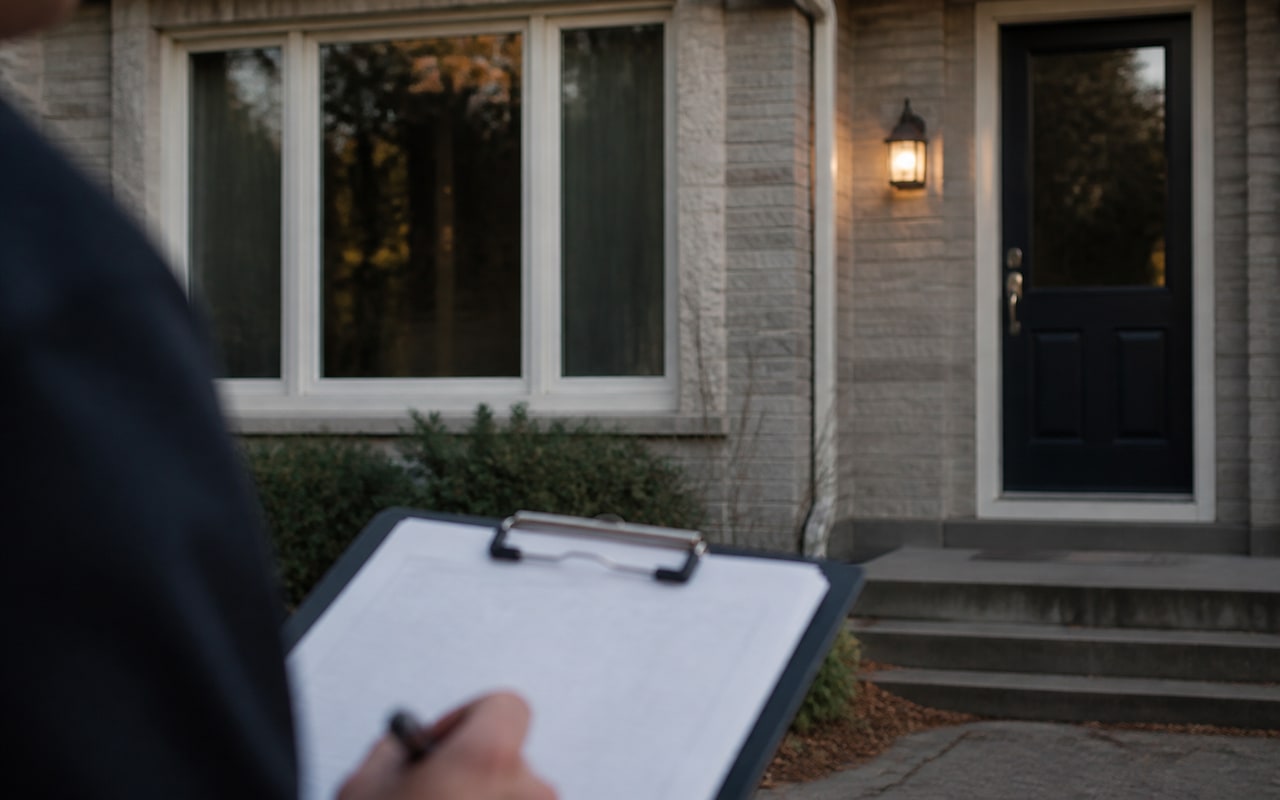 Homeowner holding assessment clipboard near ground-floor window