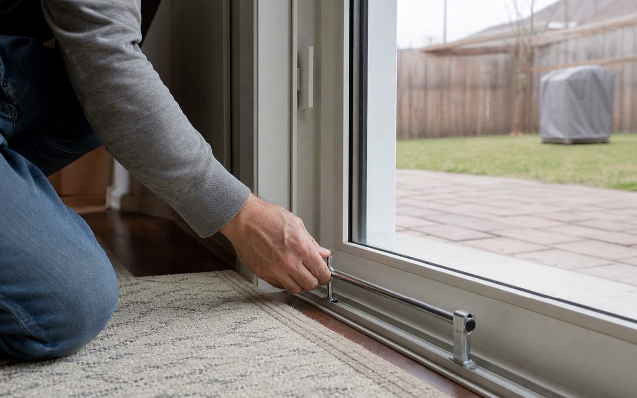Rear ground-floor windows of a trail-adjacent home with security film applied, trail vegetation behind glass