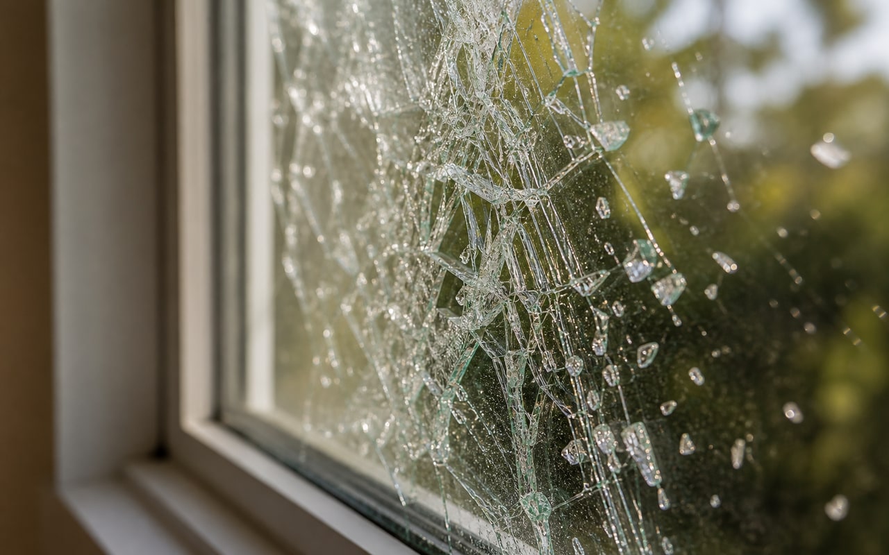 Close-up of window glass fragments suspended and held together by security film adhesive layer