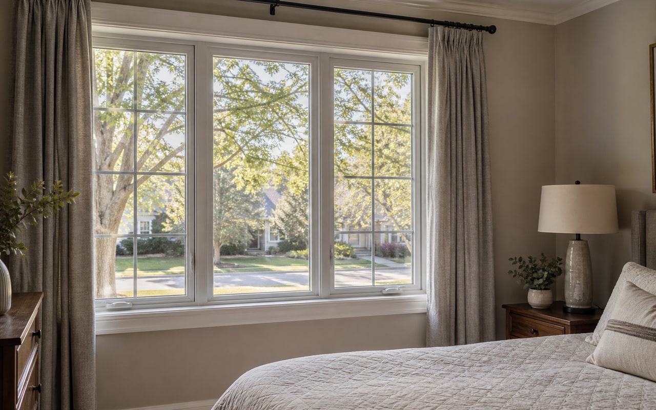 Residential window with security film applied, virtually invisible, clear view through glass