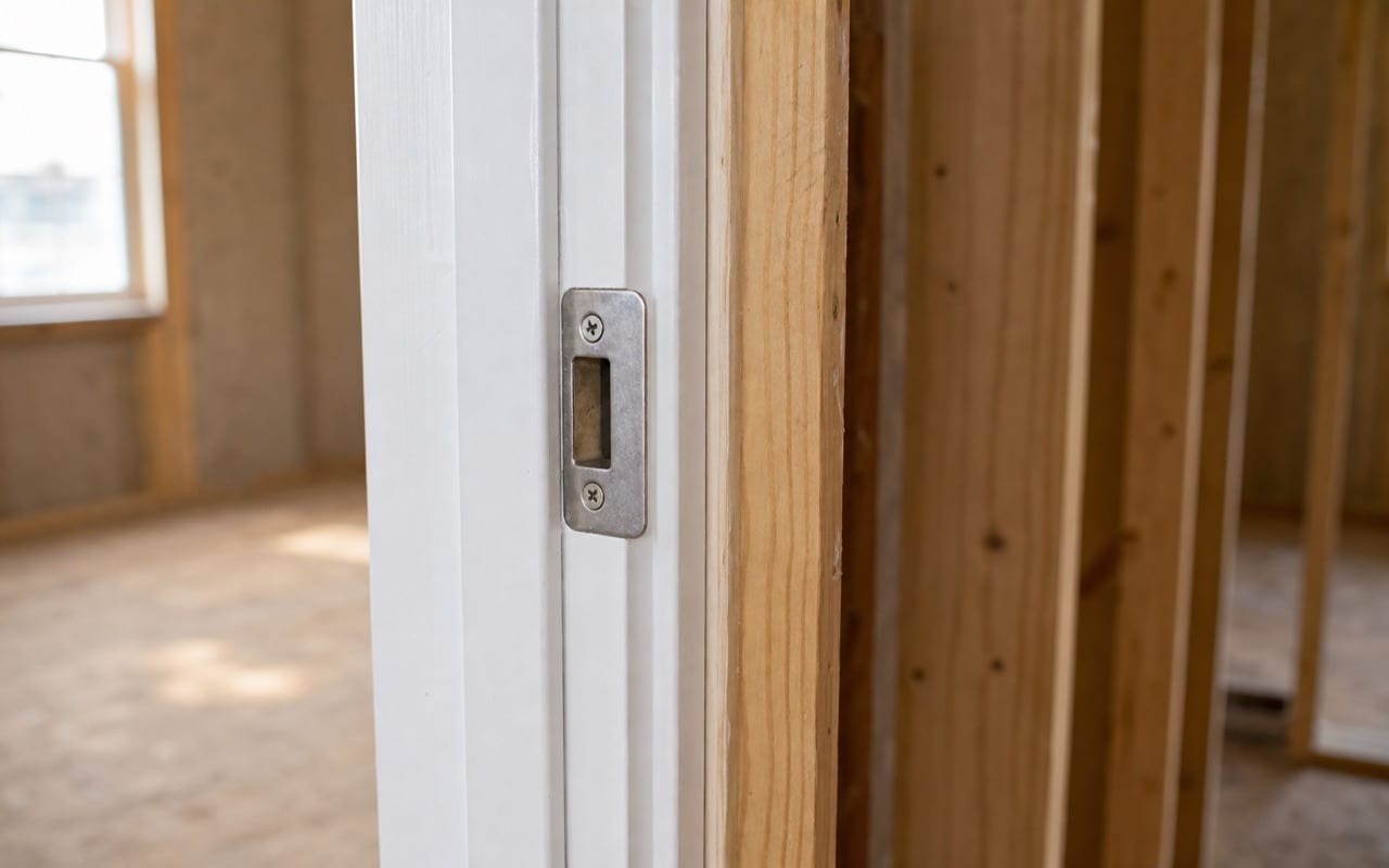 Interior view of a builder-grade door jamb showing shallow strike plate fasteners and standard frame attachment