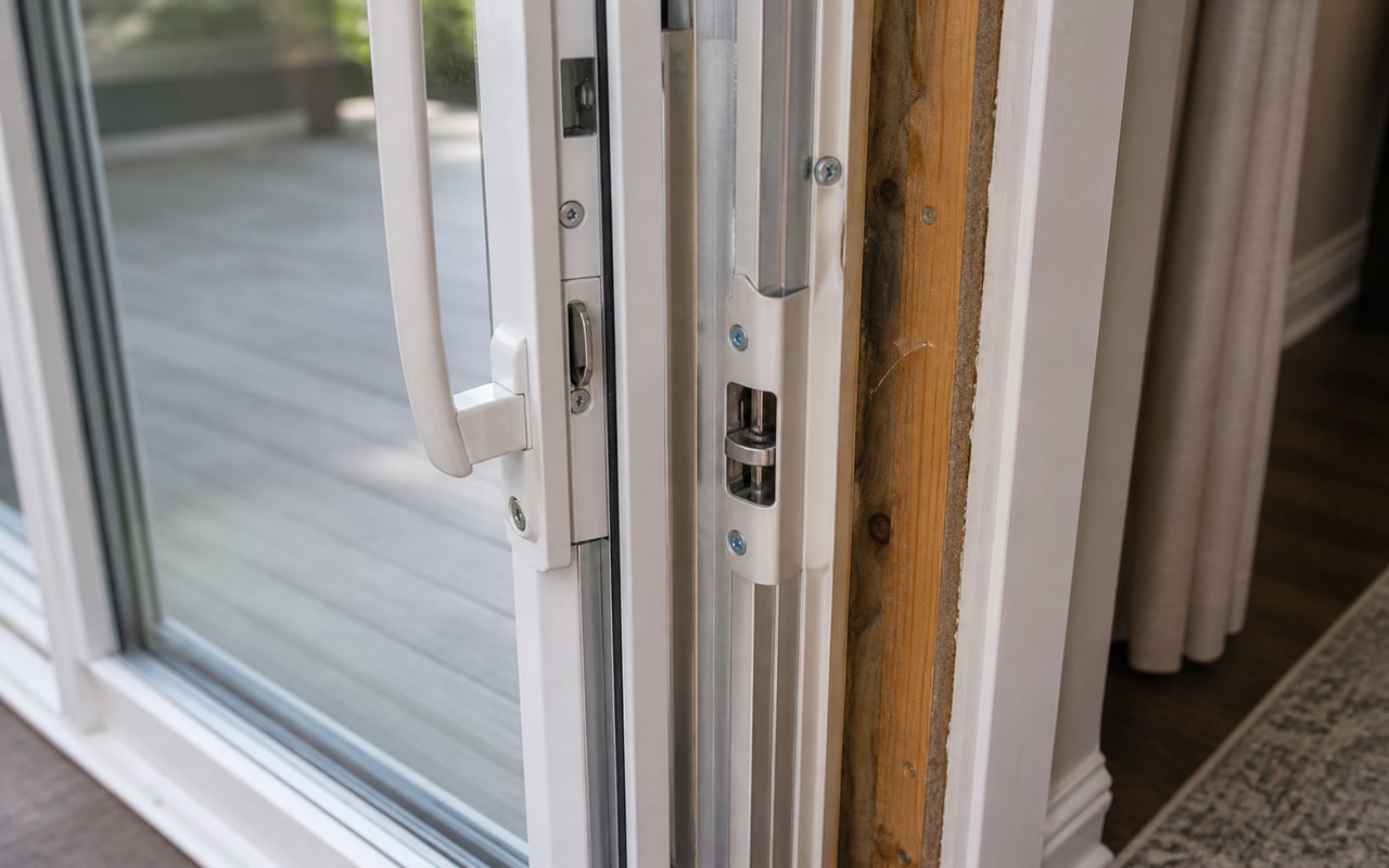 Close-up of sliding glass door latch mechanism, track, and frame attachment