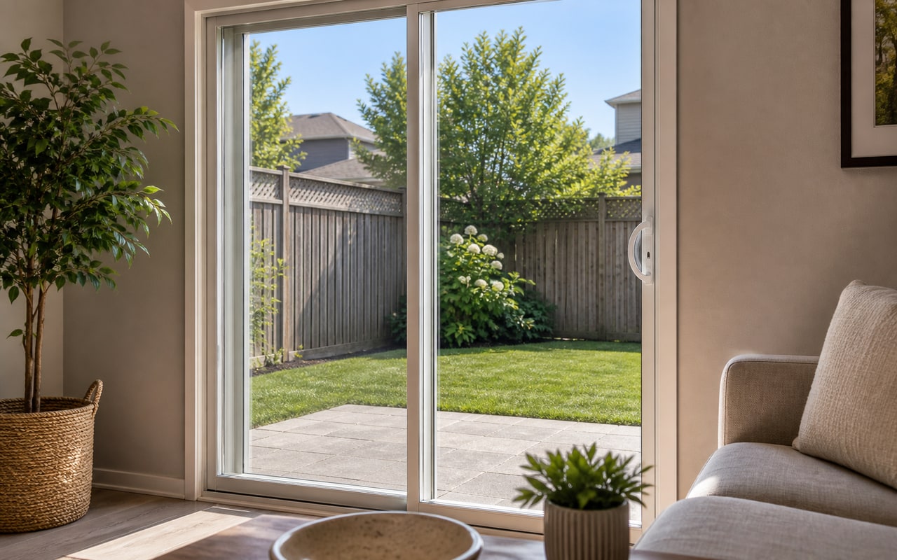 Interior view of a patio slider with security film applied, backyard visible through glass