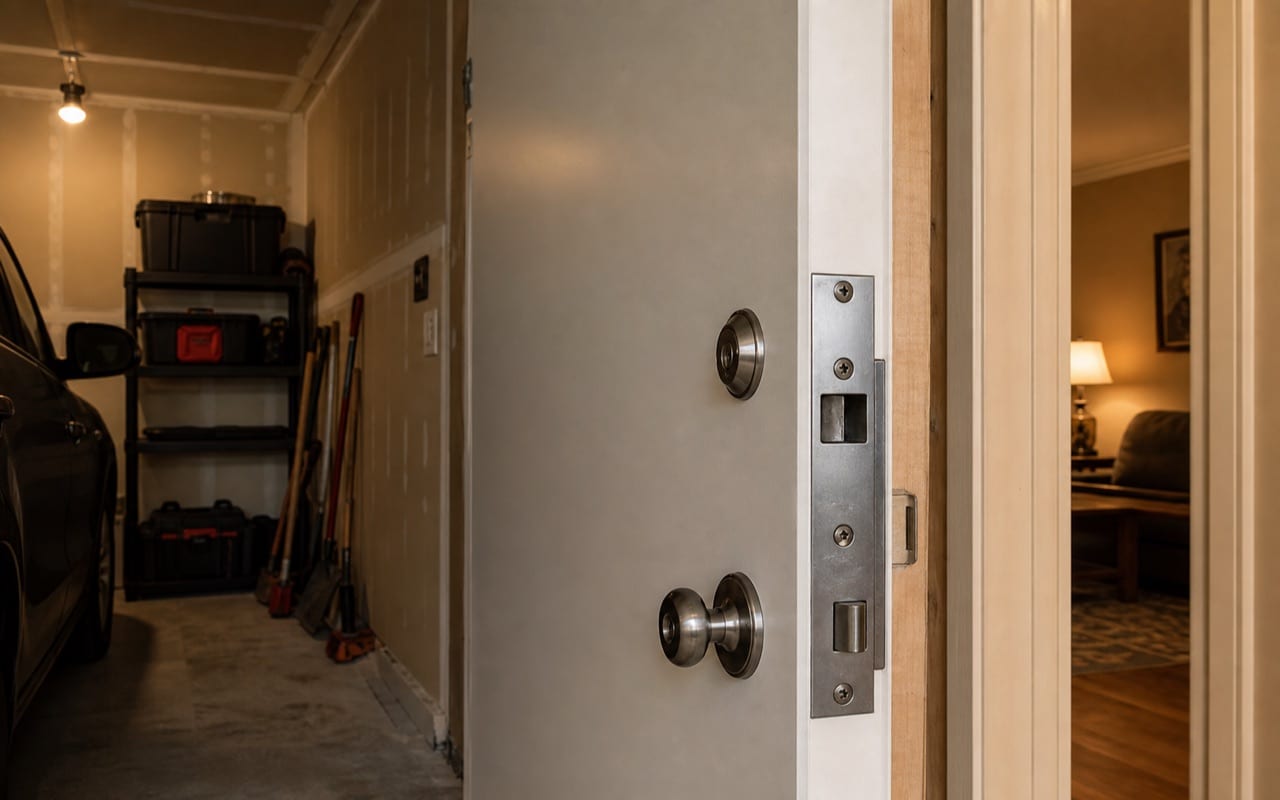 Interior garage mandoor showing standard handle lock without reinforcement, home interior access beyond