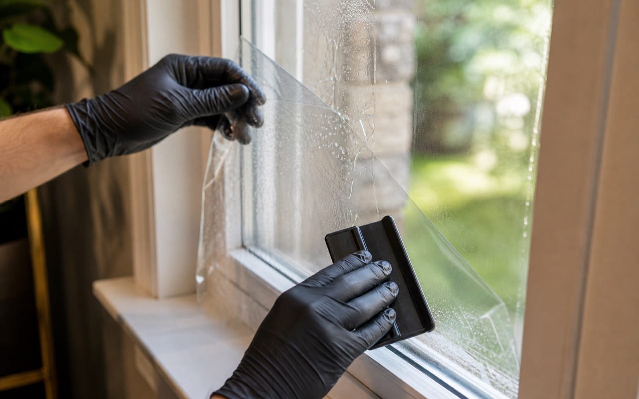 Standard double-pane insulated glass unit showing annealed glass and vinyl frame after window installation