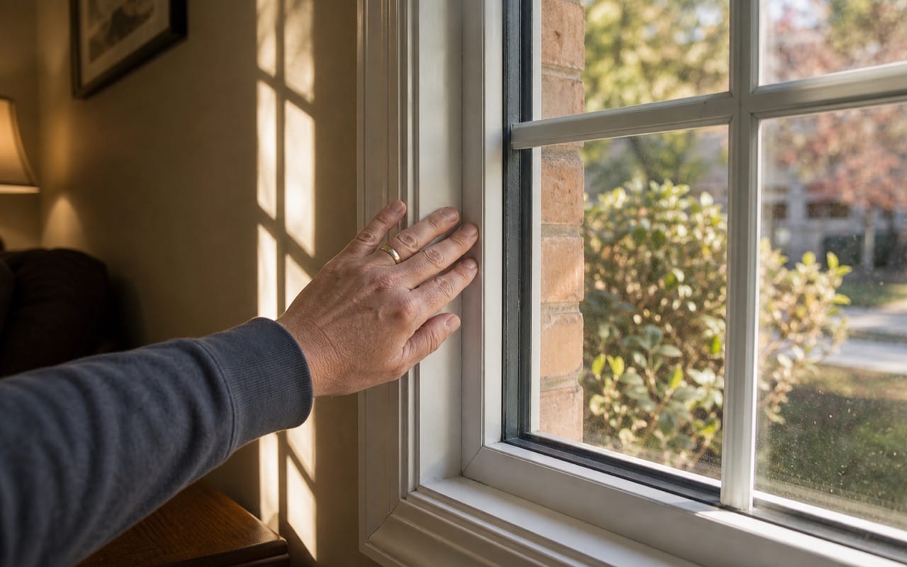 Security film technician applying polyester laminate to a residential window interior using a squeegee